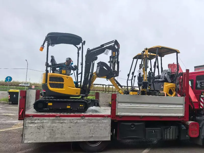 Mini escavatori gialli caricati sul camion